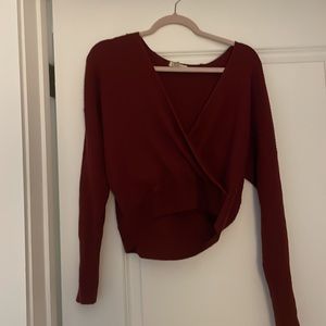 Leith Cranberry Red Cropped Ribbed V-Neck Sweater Size XS